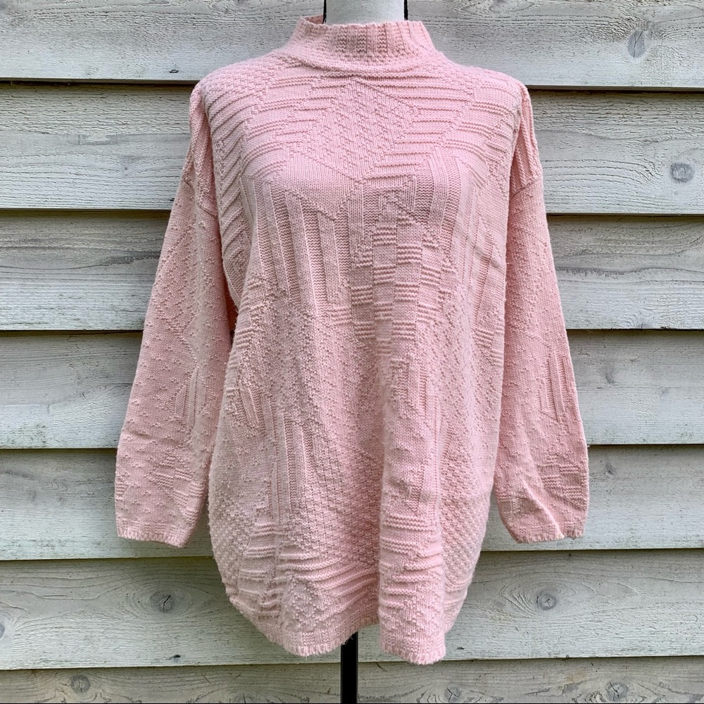 Vintage Pastel Pink Mock Neck Long Sleeve Pullover Oversize Cable Knit Sweater